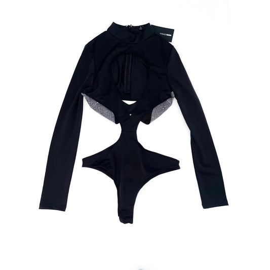 Black Opencut Shiny Detail Long Sleeve Bodysuit (Size Medium)