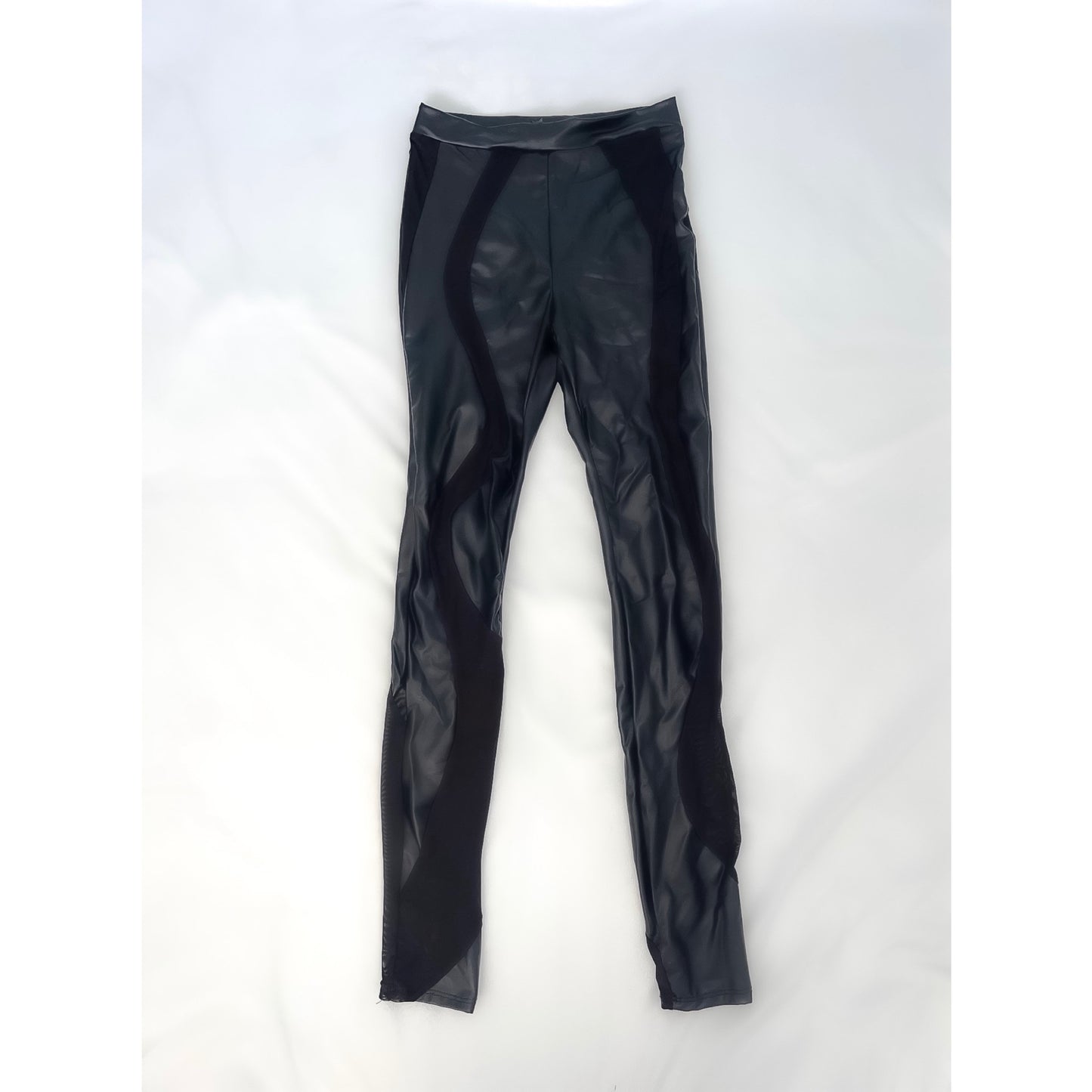 Black Half Leather and Half Mesh Leggings